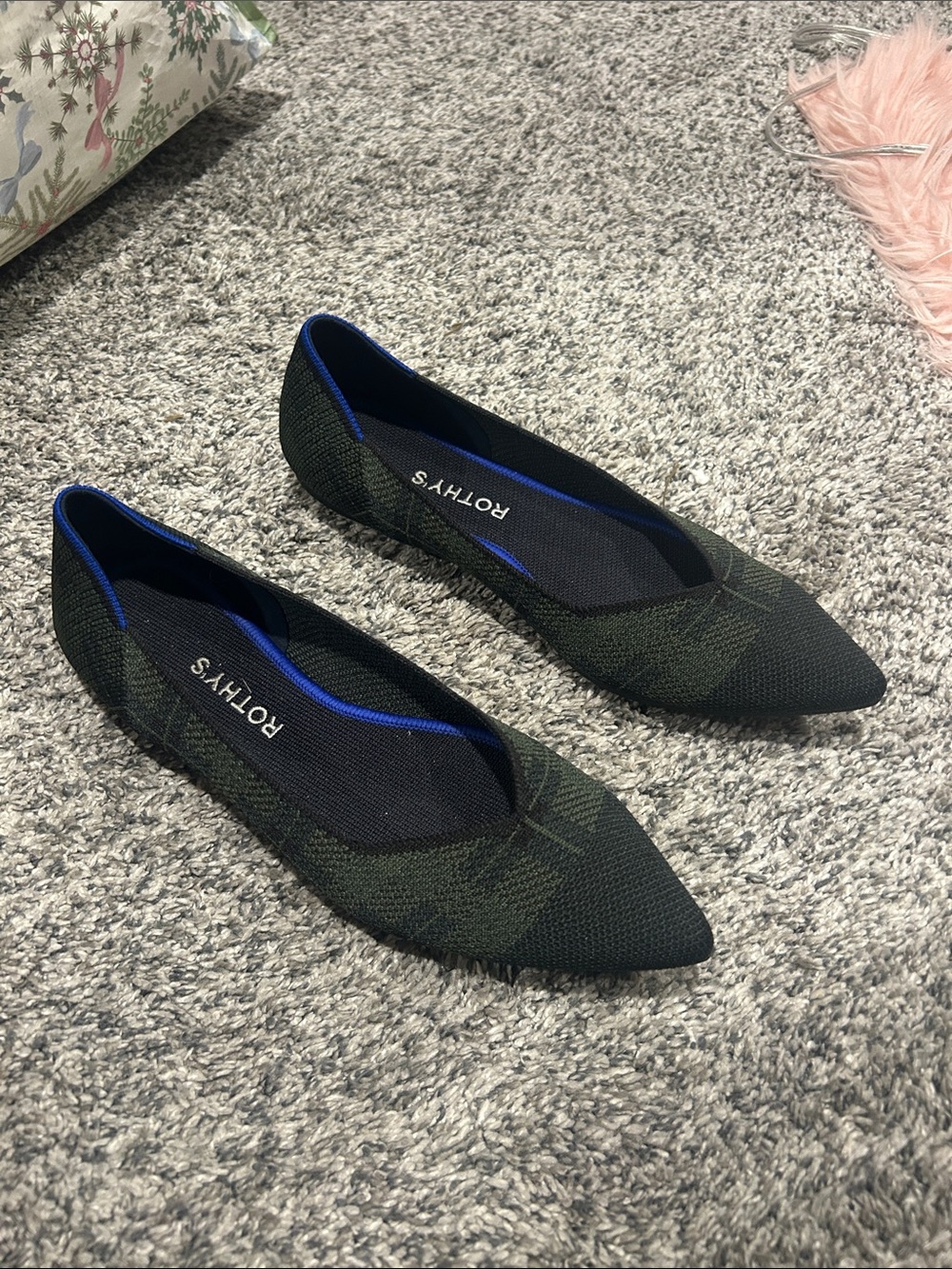 Rothy's Pointed Knit Flats in Black and Olive